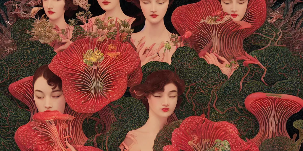 Image similar to breathtaking detailed concept art painting art deco pattern of faces goddesses of rafflesia arnoldii flowers with anxious piercing eyes and blend of flowers and birds, by hsiao - ron cheng and john james audubon, bizarre compositions, exquisite detail, extremely moody lighting, 8 k
