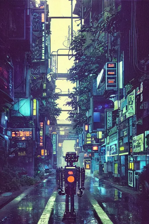 Image similar to vintage autochrome photo of ancient overgrown cyberpunk tokyo with robot by syd mead, night, rain, flowers, beautifully lit, hyperdetailed, unreal engine, photorealistic