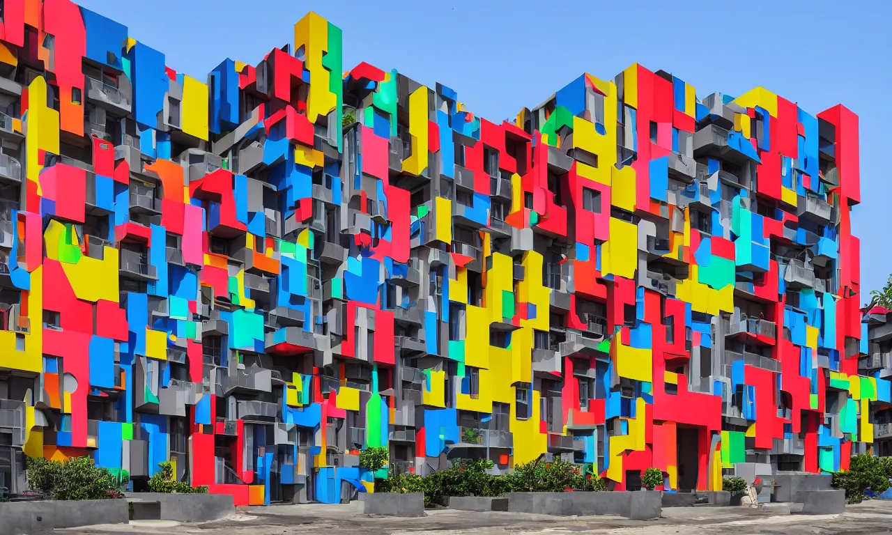 Prompt: african 3 d printed multifamily modern architecture, colorful geometric exterior cladding, architectural sculptural interior, ancestors and future, visually satisfying architecture render