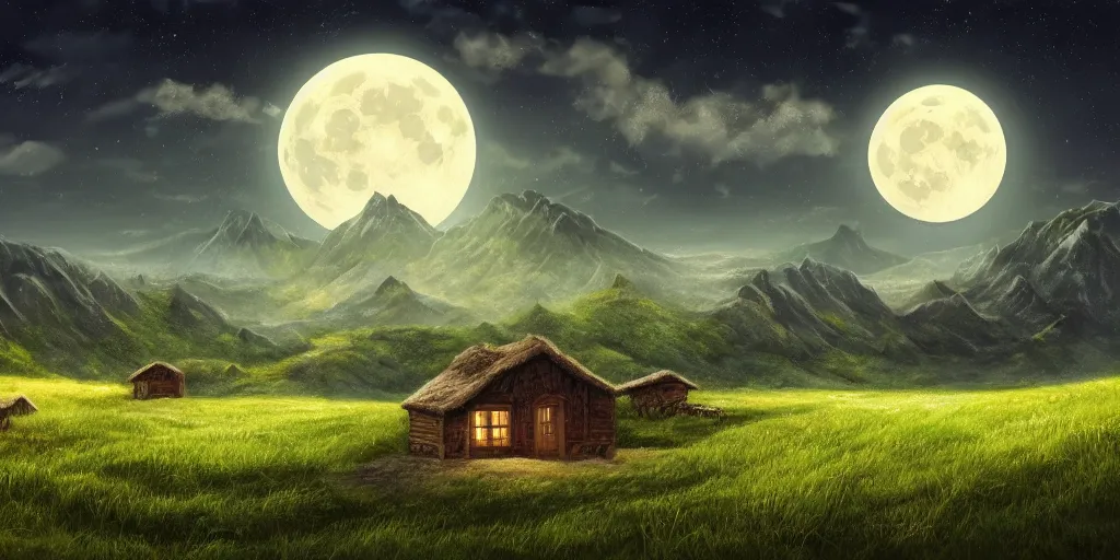 Prompt: Grassy fields with large mountains in the distance, small cottage in the foreground, nighttime, moon in the night sky, dim lighting ,very dark, landscape wallpaper, d&d art, fantasy, painted, 4k, high detail, sharp focus