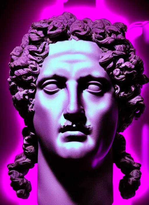 Image similar to bust of dionysus, beeple, vaporwave, retrowave, black background, neon wiring, black, glitch, strong contrast, cuts, pinterest, trending on artstation
