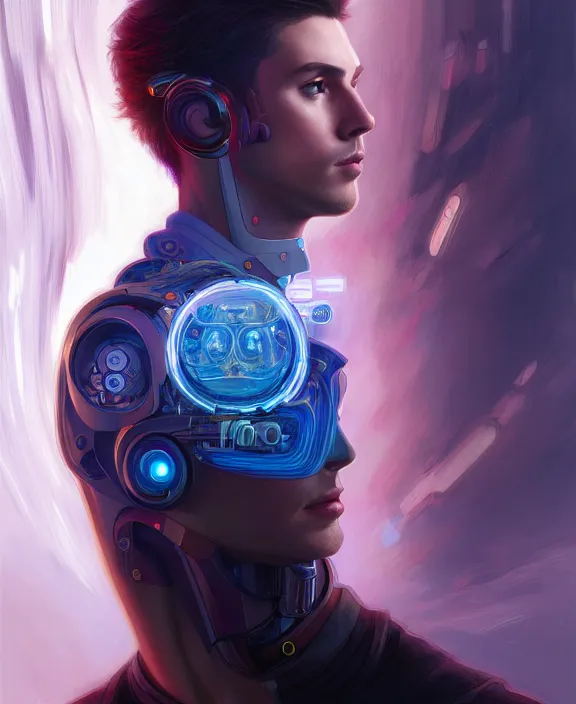 Image similar to a whirlwind inside the metaverse, guy, male, man, hologram, half body, neurochip, android, cyborg, cyberpunk face, by loish, d & d, fantasy, intricate, elegant, highly detailed, colorful, digital painting, artstation, concept art, art by artgerm and greg rutkowski and alphonse mucha