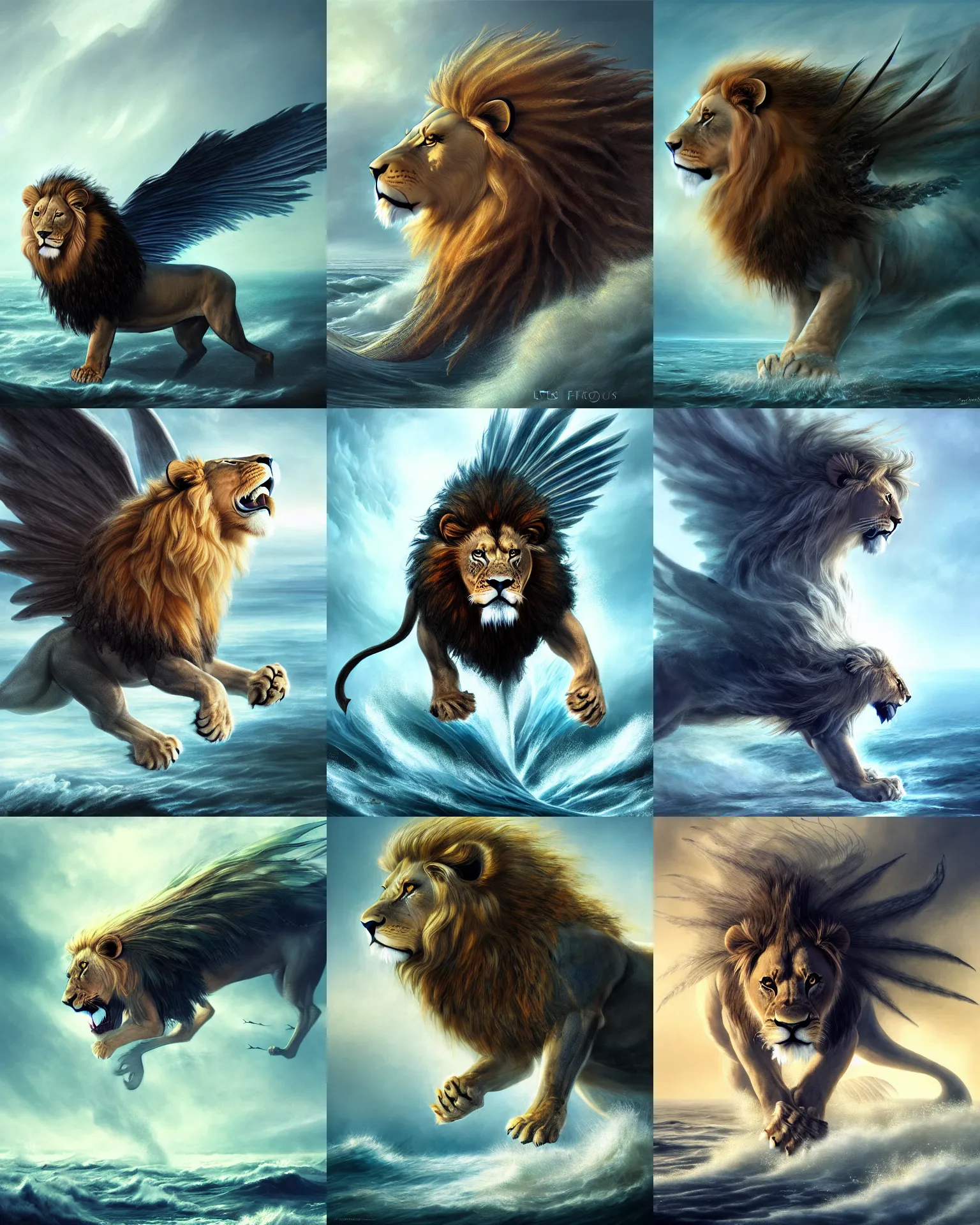 Prompt: fierce lion with wings rising up out of turbulent sea, huge creature, cinematic, stunning, highly detailed fur and feathers, digital painting, artstation, smooth, hard focus, illustration, art by jessica rossier and and brian froud