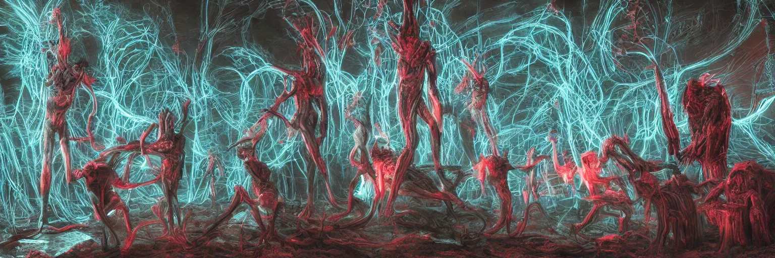 Image similar to demonic ritual, neon, they are watching, RGB, glowing wires everywhere, pristine, by Ross Tran, Zdzisław Beksiński, and Michael Whelan, distant, gustav dore, H.R. Giger, 8k, octane render