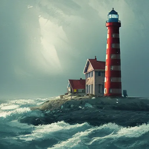 Image similar to lighthouse in a stormy sea, mechanic, robotic, abandoned, overgrown, cables, concept art by simon stalenhag