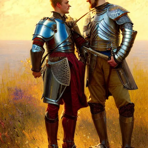 Image similar to attractive arthur pendragon and his attractive male knight, they are in love, natural lighting, path traced, highly detailed, high quality, digital painting, by gaston bussiere, craig mullins, alphonse mucha j. c. leyendecker