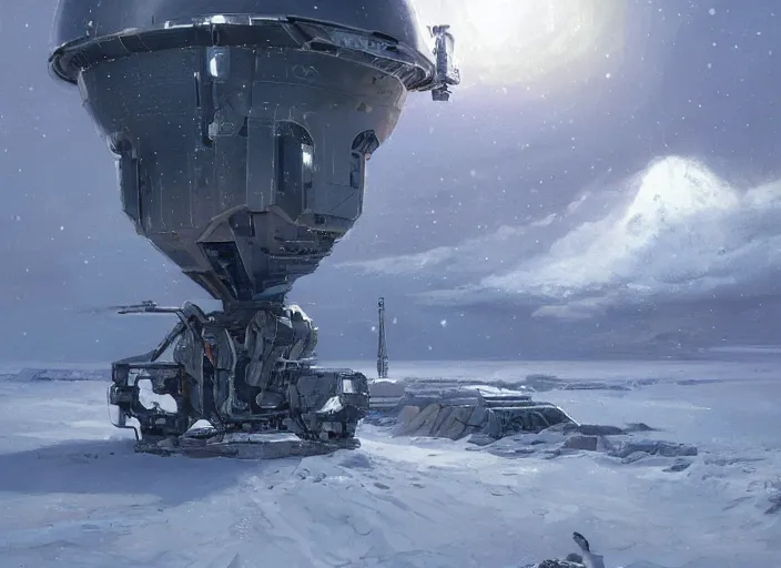 Image similar to futuristic satellite communication technology partially buried in the snow, digital painting by greg rutkowski and james gurney, global illumination, trending on artstation, highly detailed