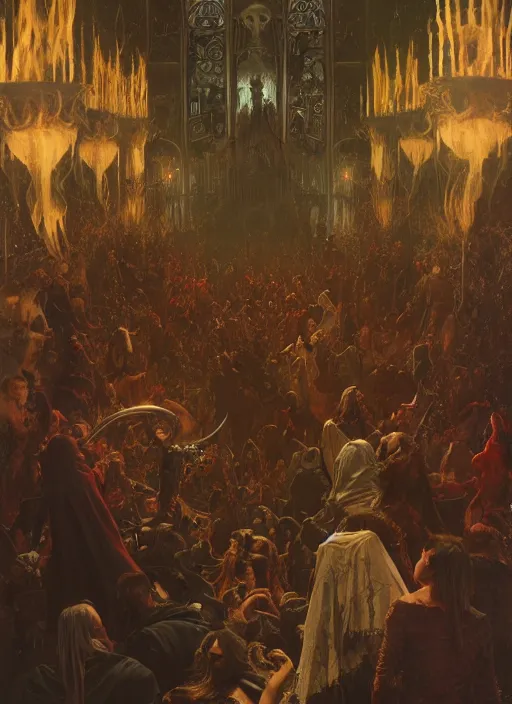 Image similar to hyperdetailed demonic crowd inside huge covens den, intricate wiccan scene detailing, photorealistic hell, art by john collier, albert aublet, krenz cushart, artem demura, alphonse mucha, diffuse lighting, artstation, smooth, textless, sharp focus,