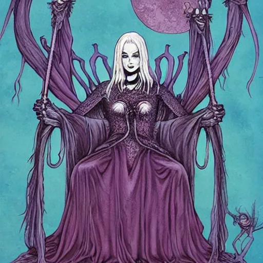 Image similar to the smiling beautiful female queen witch occult with giant spiderlegs surrounding her throne by gerald brom by anna steinbauer by kelly mckernan by edward gorey, trending on artstation