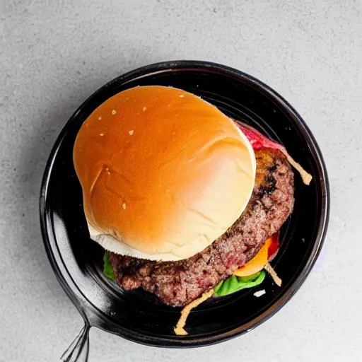 Prompt: a juicy hamburger in a giant bowl filled with coke