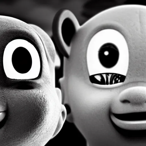 Image similar to black and white crying Teletubbies with wide open human realistic eyes with red veins, highly detailed, sharp focus, octane render