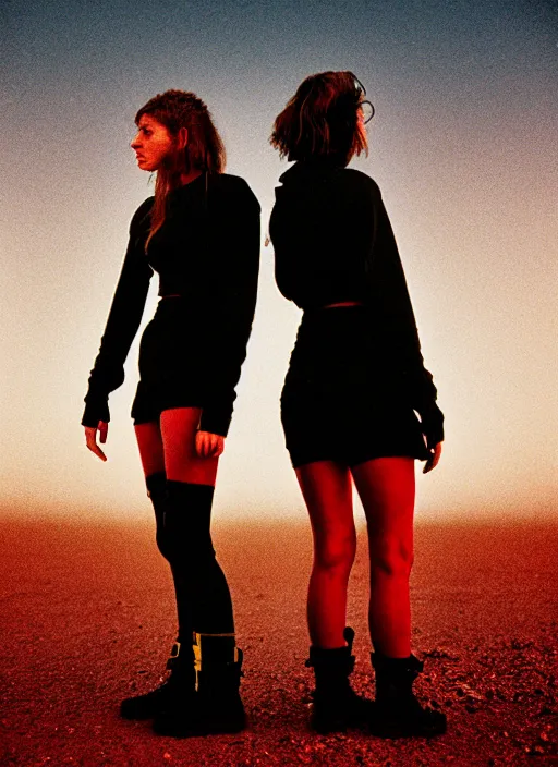 Prompt: cinestill 5 0 d photographic portrait of two loving female androids wearing rugged black techwear on a desolate plain with a red sky, extreme closeup, lizard on ground, cyberpunk style, in front of a brutalist dark metal facility, dust storm, 3 5 mm, 8 k, hd, high resolution, f / 3 2, ultra realistic faces