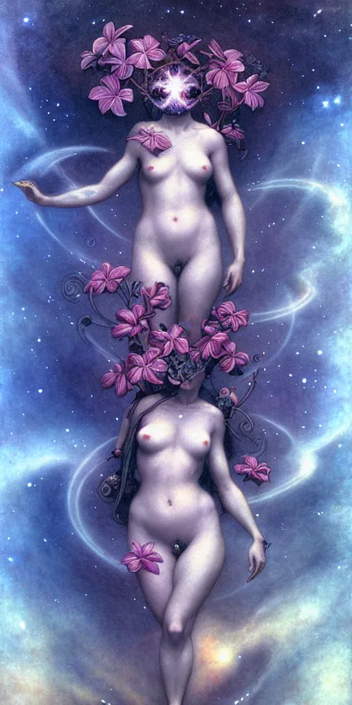 Prompt: tropical flowers, night sky background, nebula, beautiful! coherent! by brom, by brian froud, deep color, strong line, high contrast