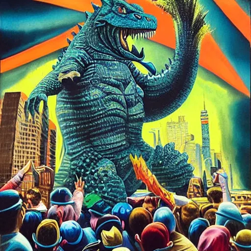 Prompt: beautiful lifelike painting of godzilla breakdancing at a rap concert, hyperreal detailed facial features and uv lighting, art by ed roth and basil wolverton