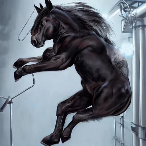 Image similar to splash art of a super buff black - coated anthropomorphic horse character in a research facility wearing a leather combat suit, long hair, exaggerated muscles, highly detailed, furry, furaffinity, digital painting, artstation, sharp focus, illustration, art by artgerm, greg rutkowski, alphonse mucha