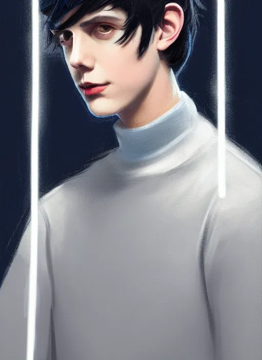 Image similar to portrait of teenage jughead jones wearing a light grey crown, crown, blue turtleneck, closed eyes, photorealistic, black hair, glowing lighting, intricate, elegant, glowing lights, highly detailed, digital painting, artstation, concept art, smooth, sharp focus, illustration, art by wlop, mars ravelo and greg rutkowski