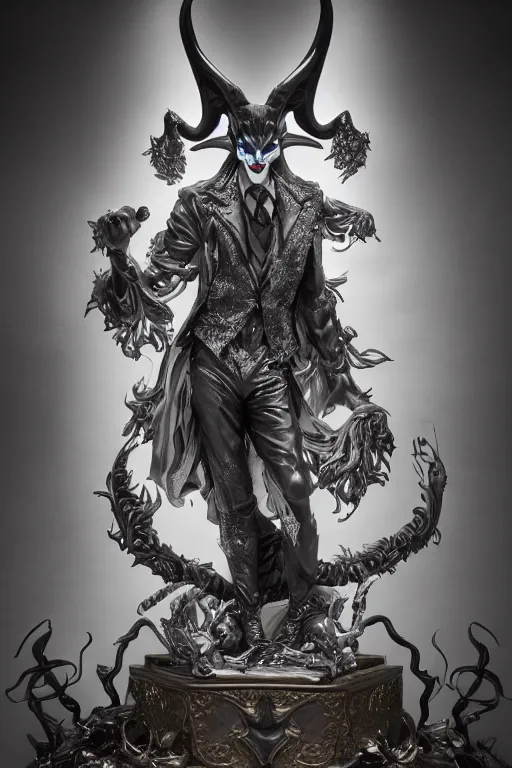 Prompt: digital masterpiece illustration concept art of porcelain statue of joker as baphomet, extremely detailed and intricate complexity, epic composition, magical atmosphere, cinematic lighting, wide long shot, trending on artstation, 8 k