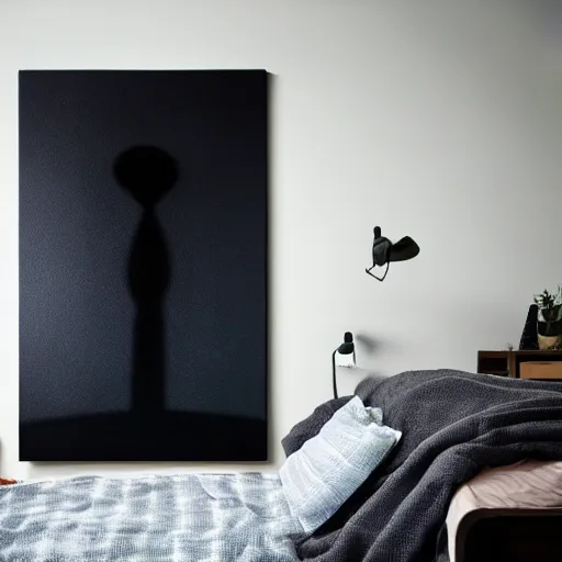 Image similar to painting of a tall black shadow in front of someone's bed staring at them while they sleep