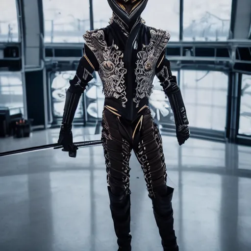 Image similar to High angle shot of Austin Butler dressed in futuristic-baroque duelist-garb and carbon-armor, standing in an arena, XF IQ4, f/1.4, ISO 200, 1/160s, 8K, RAW, unedited, symmetrical balance, face in-frame