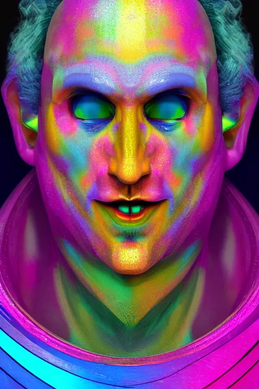 Image similar to a hyperdimensional jester, neon rainbow quartz, 4k detailed hyperrealistic digital photo by Andy Thomas, Mario Martinez, Daniel Mirante, Gustave Dore, Artstation, CGsociety