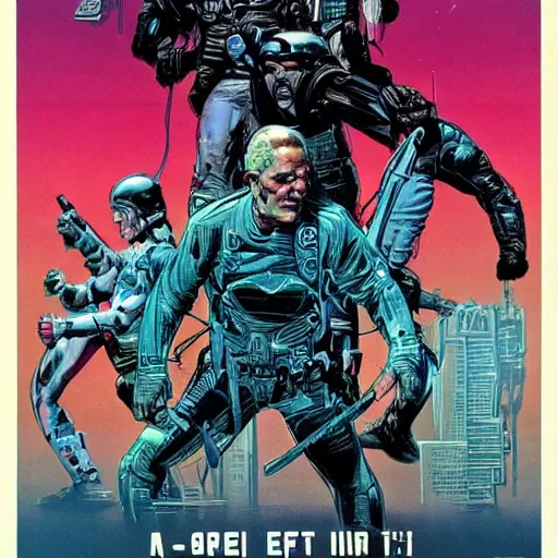 Image similar to a vintage 80s poster for sci-fi movie by Jerome Opeña, featured on artstation