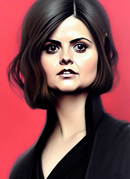 Prompt: 3/4 portrait of Jenna-Louise Coleman wearing a sleek black modern overcoat, art nouveau, D&D, fantasy, elegant, highly detailed, digital painting, artstation, concept art, matte, sharp focus, illustration, art by Artgerm and Greg Rutkowski and WLOP