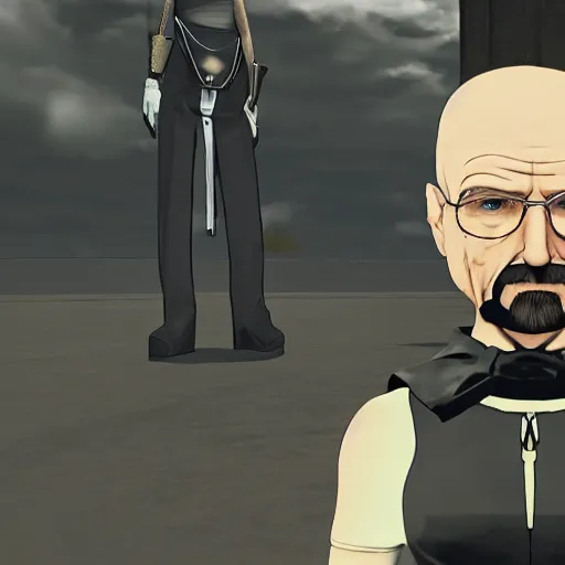 Image similar to Walter White cosplaying as 2B, Nier Automata, 2B's black dress, screenshot
