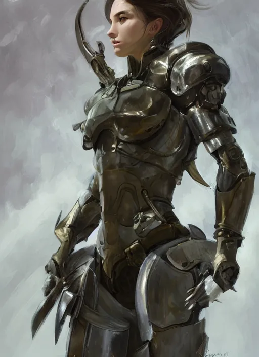 Image similar to a professional painting of a beautiful young female, clothed in military armor, olive skin, long dark hair, beautiful bone structure, symmetrical facial features, intricate, elegant, digital painting, concept art, smooth, sharp focus, illustration, from Metal Gear, by Ruan Jia and Mandy Jurgens and Artgerm and William-Adolphe Bouguerea