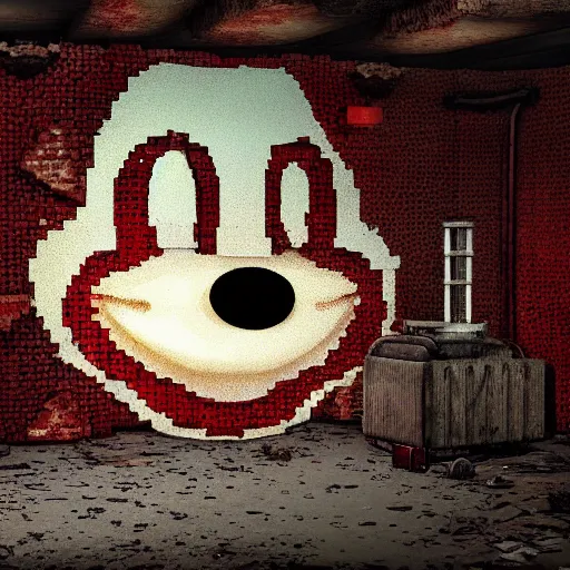 Image similar to big mickey mouse head in abandomed red workshop, creepy atmopshere, realistic, 8 k, detailed, art, lab,