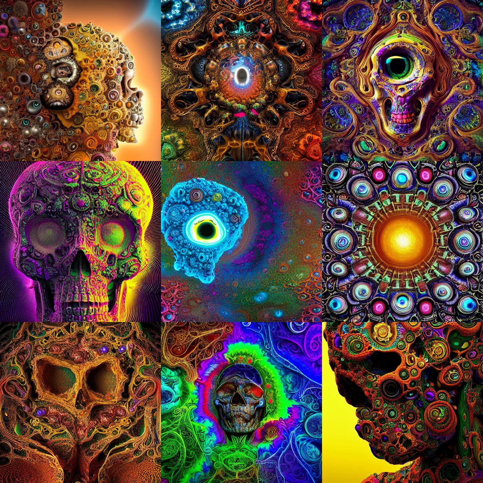 Prompt: human soul, millions of beautiful colorful microorganisms, skulls, eyes, sculpture, mandelbrot fractal, intricate, elegant, highly detailed, ornate, elegant , luxury, beautifully lit, ray trace, octane render, dramatic light, low angle shot, lens distortion, chromatic aberration, close up, in the style of peter Gric and Romero Ressendi