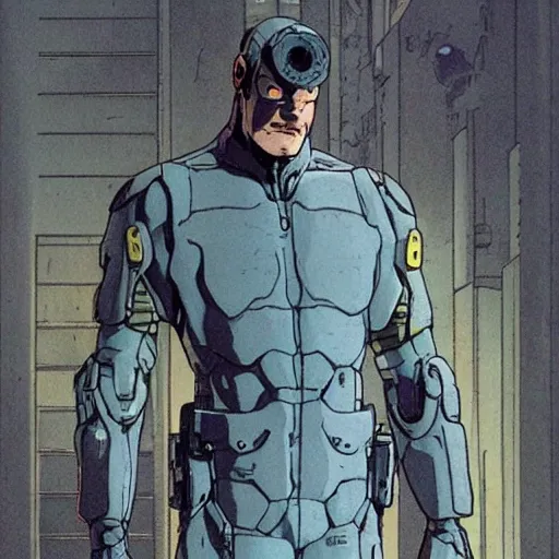 Image similar to Batou from GiTs 2: innocence. Moebius, cyberpunk, masterpiece