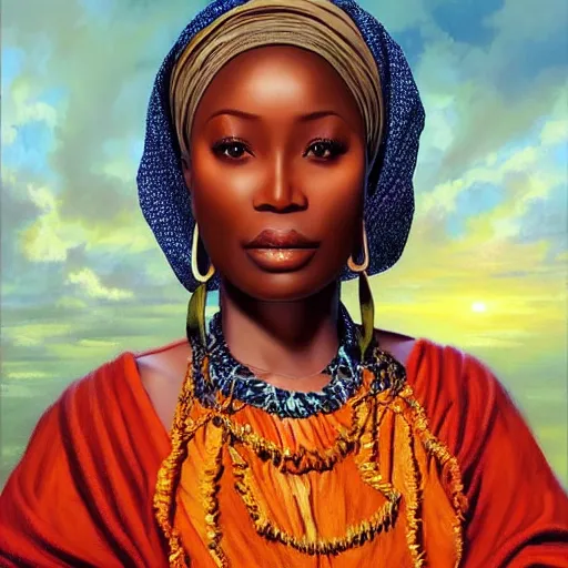 Image similar to portrait of an nigerian woman ( 3 5 ) from nigeria in 2 0 2 1, an oil painting by ross tran and thomas kincade