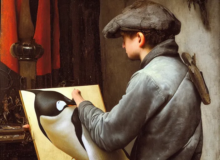 Image similar to a young painter in his studio painting a picture of a penguin, by edgar maxence and caravaggio and michael whelan and delacroix style, artistic, intricate drawing, cinematic lighting, hyper realistic, extremely detailed, establishing shot, 8 k resolution, dramatic lighting