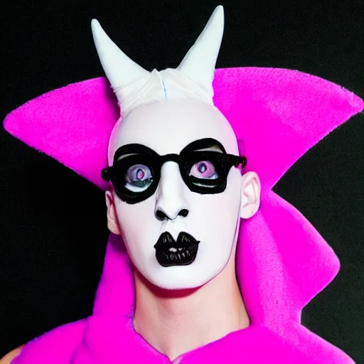 Image similar to bad bunny dressing up as an androgynous demon for halloween, you can still see bad bunny's face, artistic, pink pastel, realistic, close up, varying angles