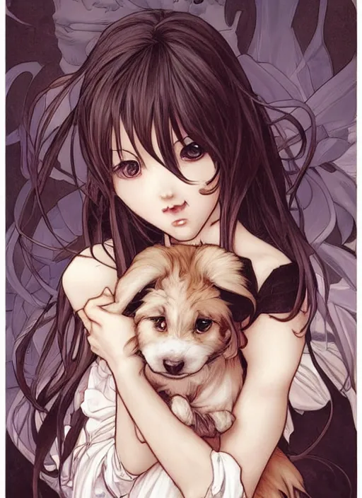 Prompt: the cutest lil puppy you ever did see takeshi obata, art by artgerm and and alphonse mucha, art by loish, wlop