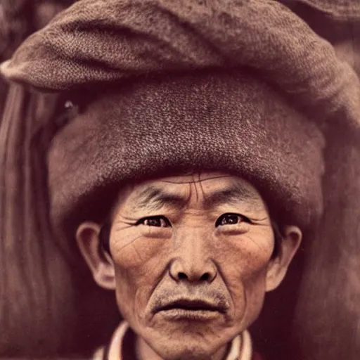 Image similar to ultra realistic vintage photo portrait of a tibetan man with hole spirals in the eyes, by Annie Leibovitz,