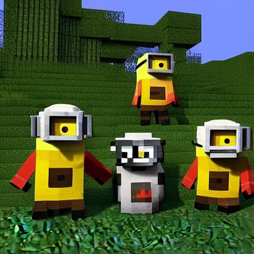 Image similar to “minions in Minecraft, UHD, hyperrealistic render”