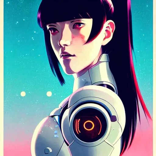 Image similar to side portrait scifi cyborg girl with robotic parts and spacesuit | | head only in center of image, audrey plaza, fine detail!! anime!! realistic shaded lighting!! poster by ilya kuvshinov katsuhiro otomo ghost - in - the - shell, magali villeneuve, artgerm, jeremy lipkin and michael garmash and rob rey