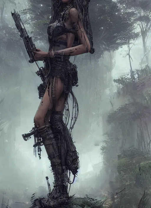 Image similar to young very beautiful cute tribal woman with a futuristic gun, in a post apocalyptic city overgrown with lush vegetation, by Luis Royo, by Greg Rutkowski, dark, gritty, intricate, volumetric lighting, volumetric atmosphere, concept art, cover illustration, octane render, trending on artstation, 8k