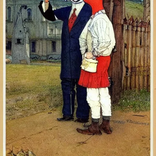 Image similar to painting by carl larsson, cow, dressed, anthropomorphic!!, wearing!!! clothes!!!, standing next to royal castle!!!