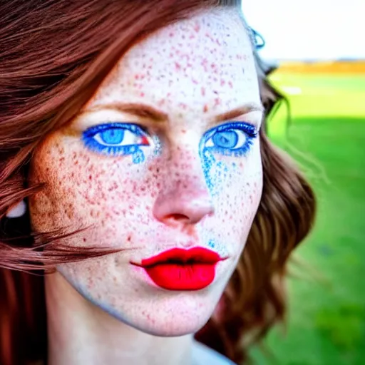 Image similar to close up photo of the left side of the face of a woman with blue eyes and wavy long red-brown hair, red detailed lips and freckles who looks directly at the camera. Slightly open mouth. Whole head visible and covers half of the frame, with a park visible in the background. 135mm nikon. Intricate. Very detailed 8k. Sharp. Cinematic post-processing. Unreal engine. Nanite. Ray tracing. Parallax. Tessellation