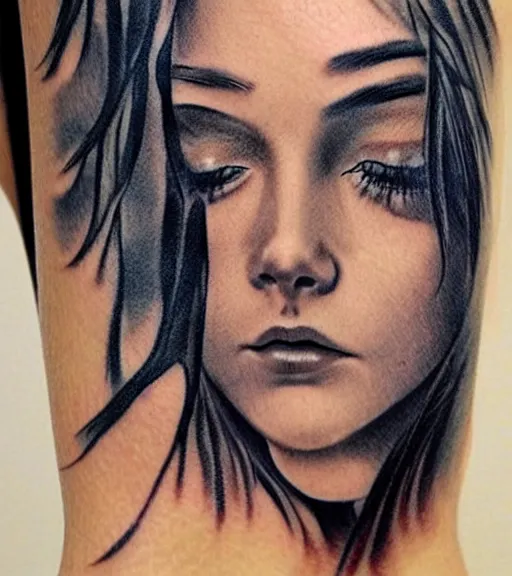 Image similar to tattoo design sketch of a beautiful blue - eyed woman face with a faded background of beautiful mountains and nature on her side, hyper - realistic, in the style of den yakovlev, amazing detail, black and white