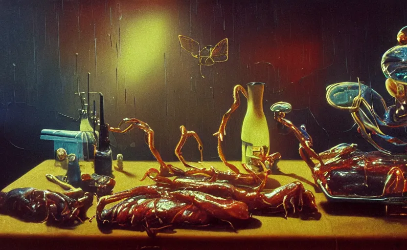 Image similar to blade runner, disturbing colorful oil painting dutch golden age vanitas still life sparse composition with bizarre objects strange gooey transparent surfaces shiny metal reflections bizarre mutant meat insects rachel ruysch dali todd schorr very detailed perfect composition rule of thirds masterpiece canon 5 0 mm, cinematic lighting, photography, retro, film, kodachrome