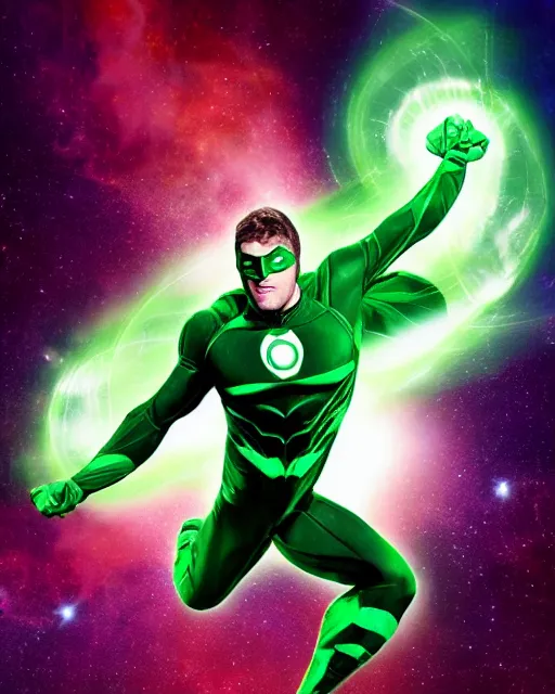 Image similar to photos of actor Christopher Reece as a Green Lantern soaring thru outer space, photogenic, spit-curl in hair, particle effects, photography, studio lighting, cinematic