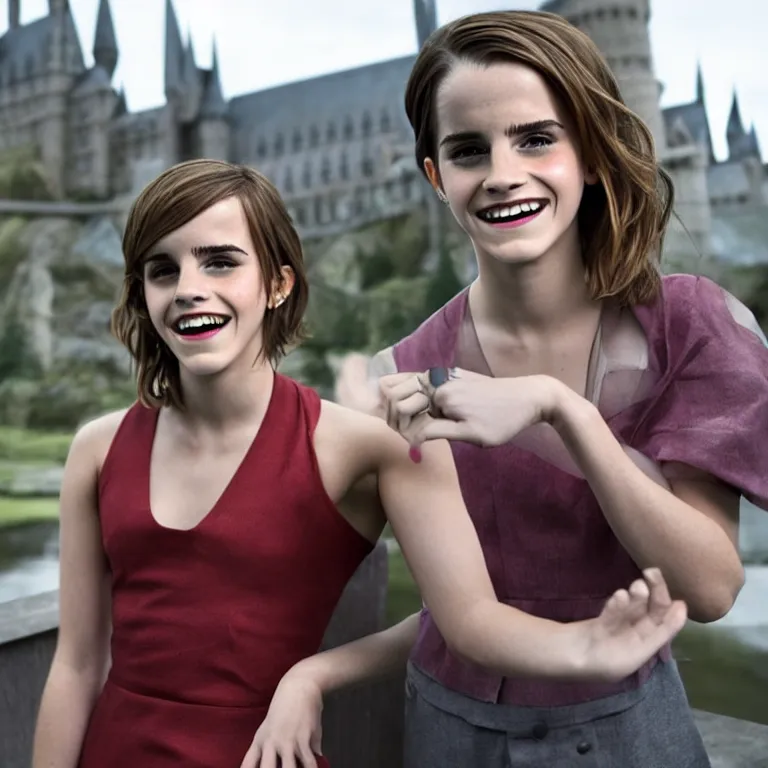 Prompt: Joyful!!! smiling Emma Watson wearing cyborg prosthetic. From Her (2013). Clear Hands. Clear body. Light Clothes. Hogwarts as Background. Cinematic. Professional Photo. UHD. 8k. Clear Face.