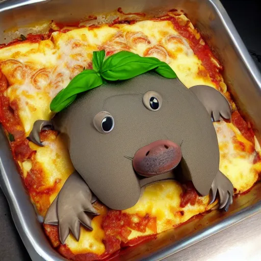 Image similar to cute platypus wearing a chef hat and holding a lasagna into an over, with three basil leaves over the lasagna, pixar style, ultradetailed, 3 d, ratatouille style