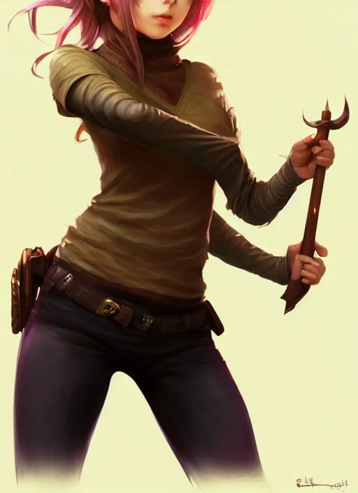 Image similar to portrait of a full body of beautiful young female detective, d & d, sleeveless turtleneck, fantasy, flat lighting, intricate, highly detailed, digital painting, artstation, concept art, smooth, sharp focus, illustration, misa amane, art by simon bisley and greg rutkowski and alphonse mucha, natural tpose