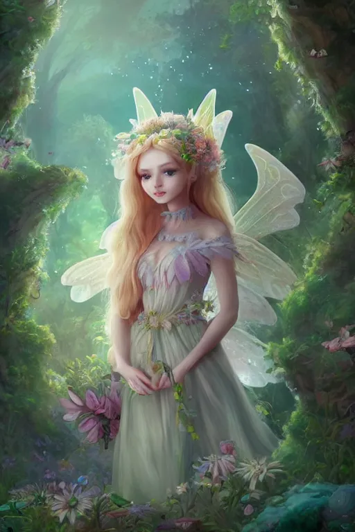 Image similar to a cute and geogerous fairy in the dreamy forest, fantasy, dreamlike, 8 k resolution, hyper detailed, d & d, character design, digital painting, trending on artstation, sharp focus, illustration, art by viktoria gavrilenko, hoang lap, fuji choko, steve zheng,