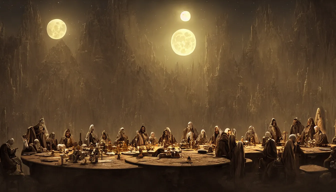 Image similar to A meeting of the council of elders, robed figures sat around a table, beautiful architecture, night time, stars visible, beautiful moon light, concept art, fantasy art, digital art by michal karcz, trending on artstation, highly detailed, 8k