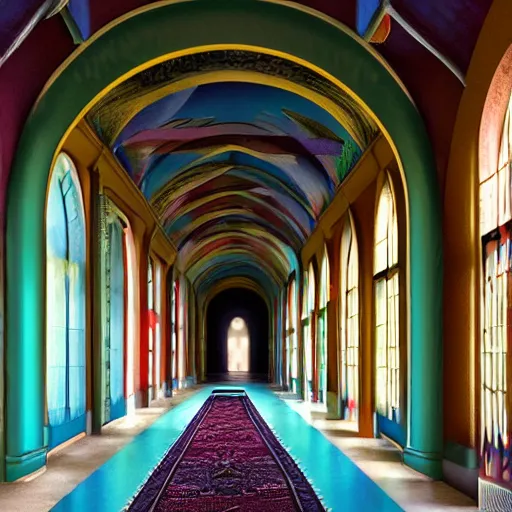 Image similar to a long colorful asylum hallway, arched ceiling, one point perspective, vanishing point, symmetrical composition, rich colors, dramatic lighting, by lee madgwick, photorealistic, v - ray render 8 k uhd